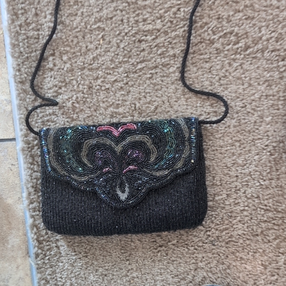 Elegant Black Beaded Clutch with Multicolor Design
